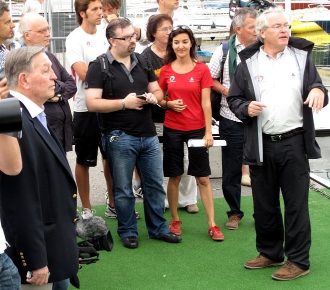 The media, including a very finely dressed Bob Fisher, talk with the design team © Sail-World (JPJ) www.sail-world.com